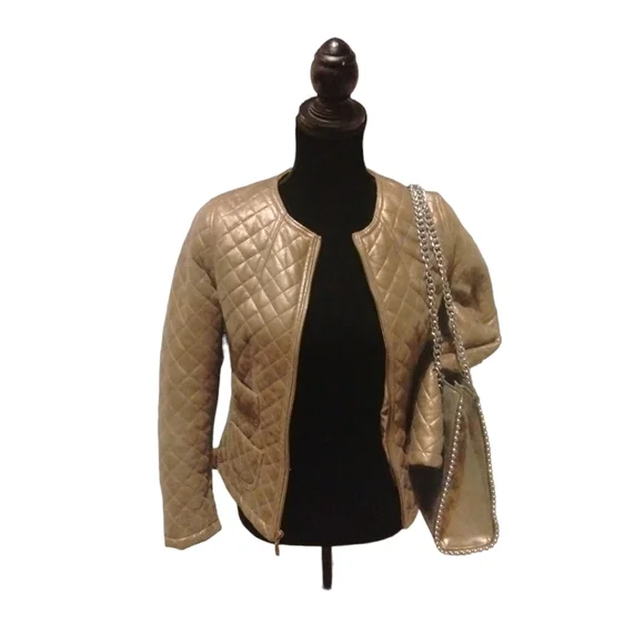 Gold Champagne Moto Jacket Quilted Leather - Picture 5 of 7